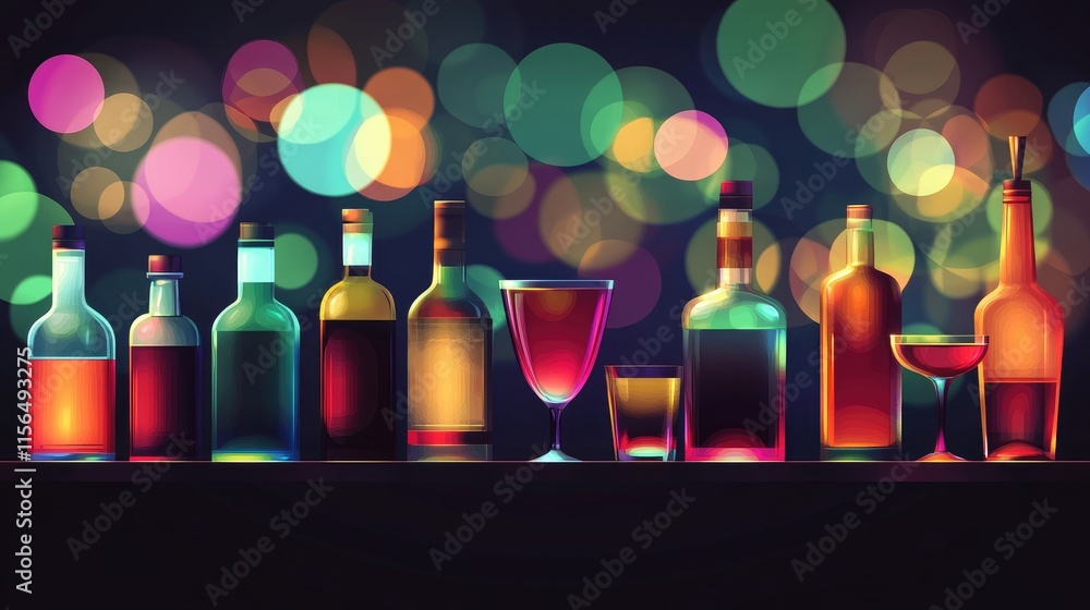 Poster assorted liquors displayed on a bar shelf with vibrant bokeh background creating a festive and color