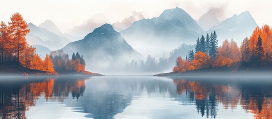 Tranquil Autumn Landscape with Misty Mountains and Reflective Lake Ideal for Text Overlay