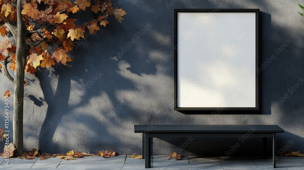 Poster minimalist black and blue poster frame mockup with fall nature scene and empty copyspace for text in