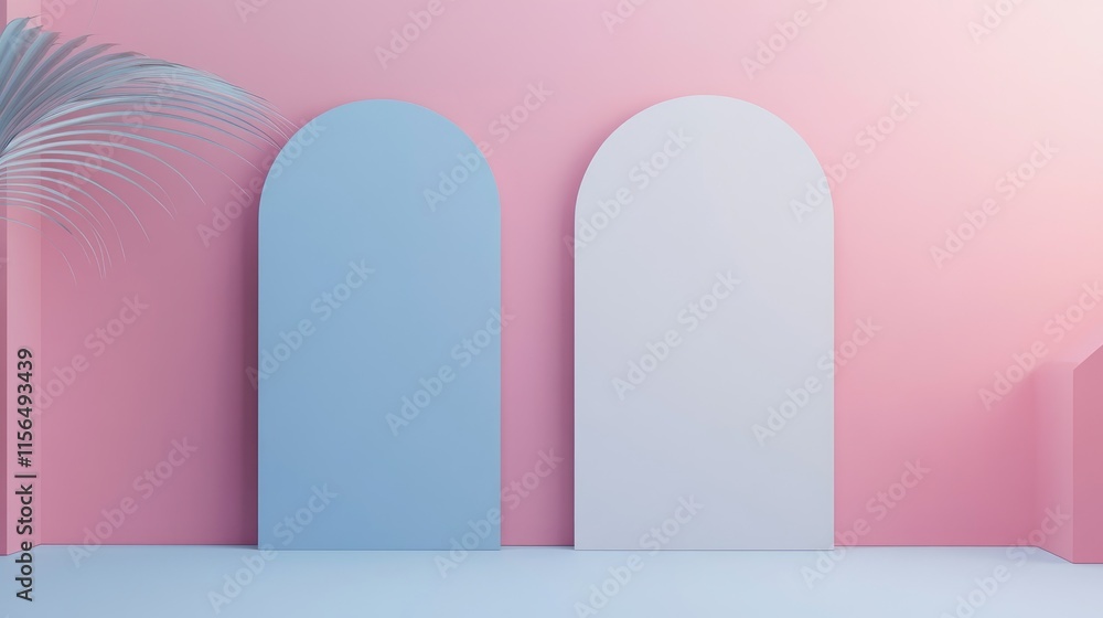 Poster minimalist mockup of two arch-shaped panels on colorful background ideal for displaying text and uni