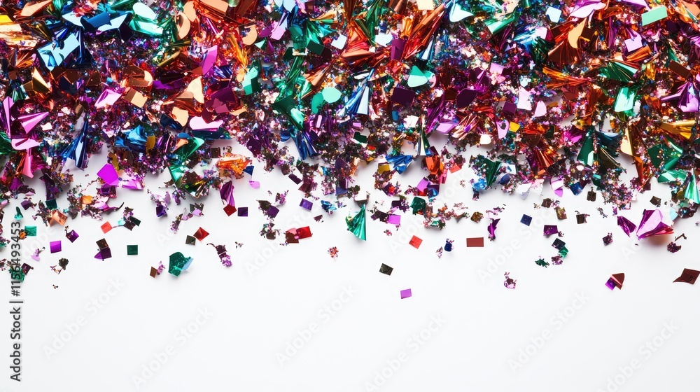 Poster colorful confetti scattered on a white background creating a festive atmosphere with ample space for