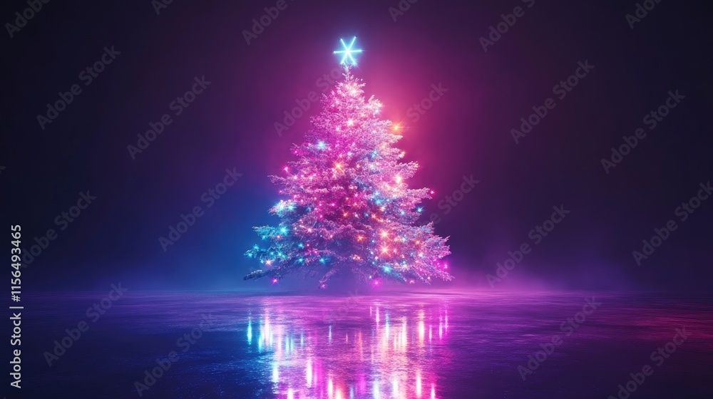 Poster aesthetic christmas tree illuminated by vibrant bokeh lights against a dark backdrop with space for 