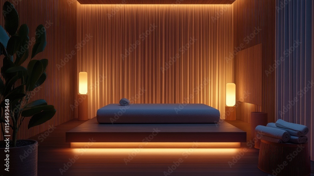 Poster calm and serene spa room featuring ambient lighting and empty space for text copy in a tranquil aest