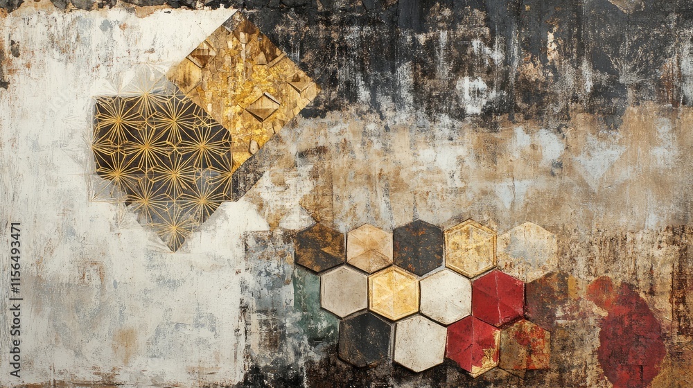 Poster vintage textured collage featuring peeling paint and geometric patterns with empty space for text in