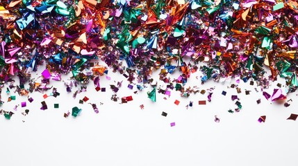 Colorful confetti scattered on a white background creating a festive atmosphere with ample space for text and creative design elements