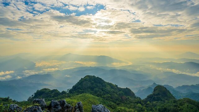 Time lapse of Doi pha mon mountains at sunrise, Chiang Rai, Thailand.