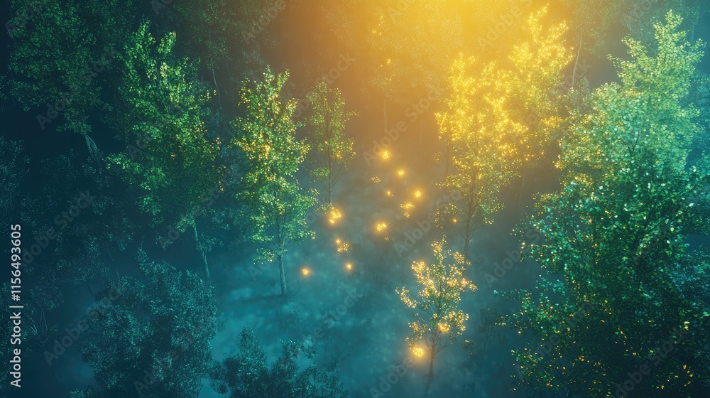 Poster aerial view of young trees illuminated by soft glowing lights in a serene forest scene with ample co