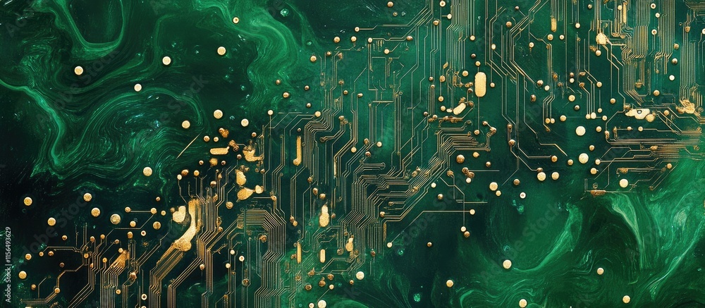 Poster aerial view of green and gold electronic circuit patterns with space for text design for technology 