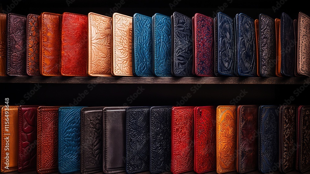 Poster rows of stylish leather wallets with intricate patterns, organized by color on a dark wooden shelf