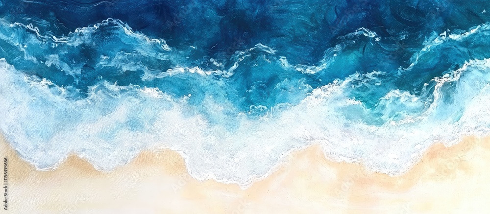 Poster aerial view of vibrant turquoise ocean waves gently lapping onto a sandy beach with ample space for 