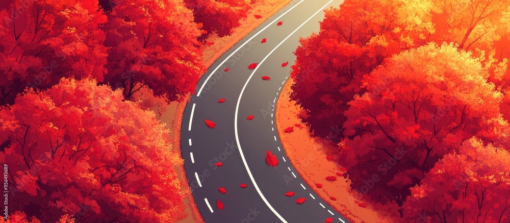 Poster aerial view of winding road surrounded by vibrant autumn foliage with bright red trees and clear spa
