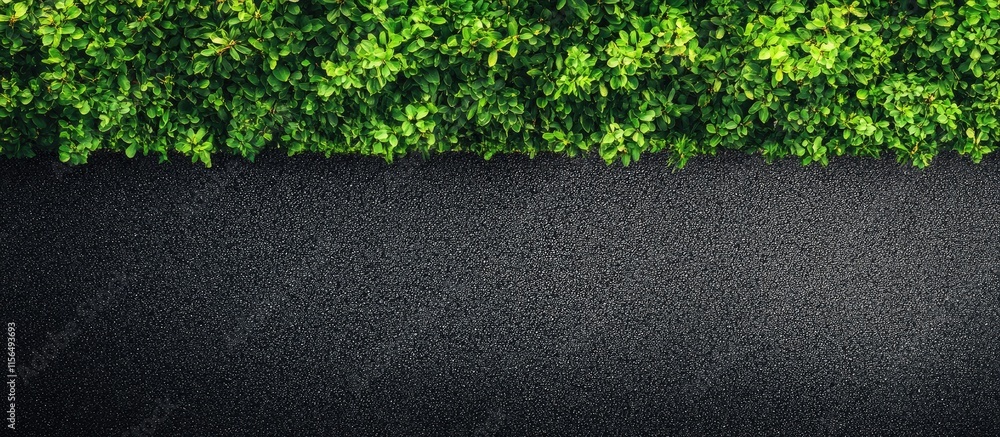 Poster aerial view of black asphalt road bordering lush green fields with space for text and design element