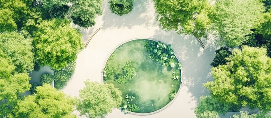 Aerial view of a serene city park featuring lush greenery and a tranquil pond with space for text integration