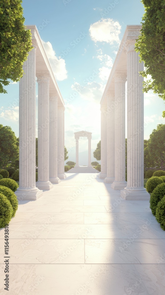 Poster elegant roman columns sunlit pathway greenery architecture design