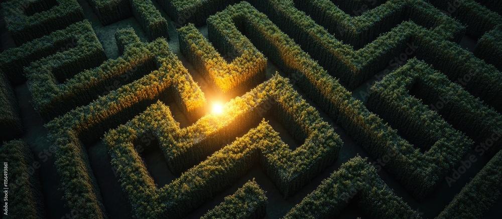Poster aerial view of a green maze with central light illuminating pathways and space for text composition 