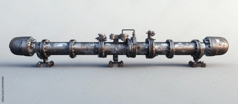 Poster industrial piping system 3d illustration with metallic elements and ample copyspace for customizatio