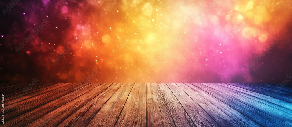Poster vibrant abstract light wall with flares creating an enchanting backdrop for an empty wooden stage an