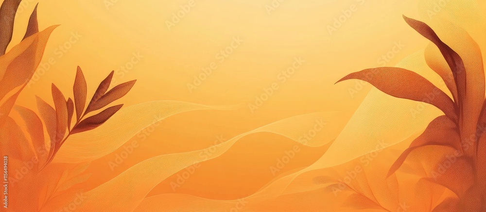 Poster elegant abstract wave silhouette of leaves on a warm yellow orange gradient background with ample sp