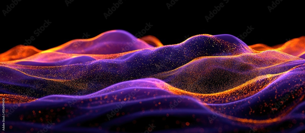 Poster vibrant abstract waves in purple and orange with glowing particles creating a dynamic background ide