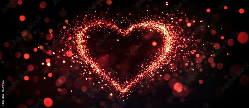Poster dynamic red glittering heart bokeh light particles on dark background with negative space for text a
