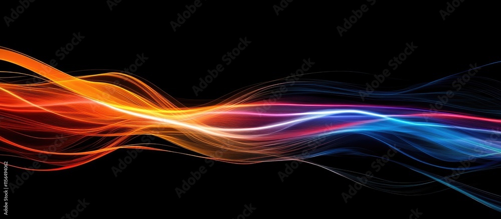 Poster dynamic colorful energy lines on a black background ideal for financial market chart designs and tex