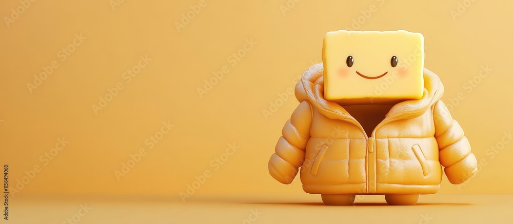 Poster Playful 3D Butter Slice Character in Winter Jacket Smiling with Blank Background for Customizable Text and Creative Designs