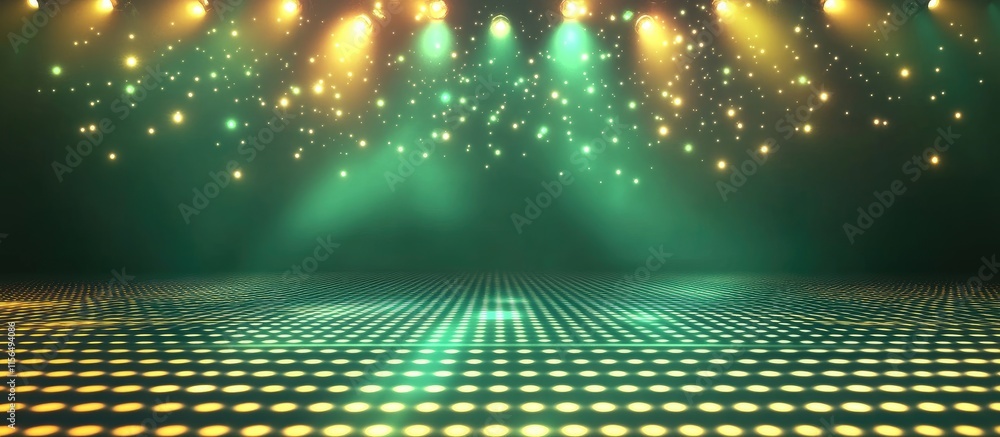 Poster stunning disco background with green and gold lights creating a vibrant bokeh effect on a textured b