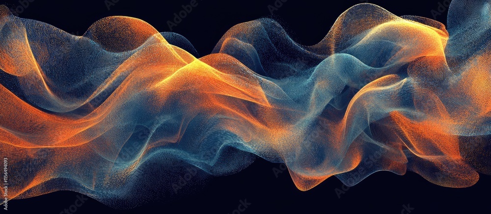 Poster dynamic waves of orange and blue particles representing futuristic data networks with ample copyspac