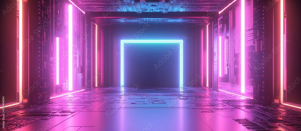 Aufkleber neon circuit board corridor with glowing lights and ample space for text in a futuristic digital env