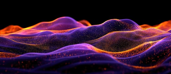 Fototapeta premium Vibrant abstract waves in purple and orange with glowing particles creating a dynamic background ideal for text overlay and creative projects