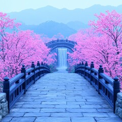 Serene Japanese Garden  Stone Bridge  Waterfall  Cherry Blossoms  Spring Landscape