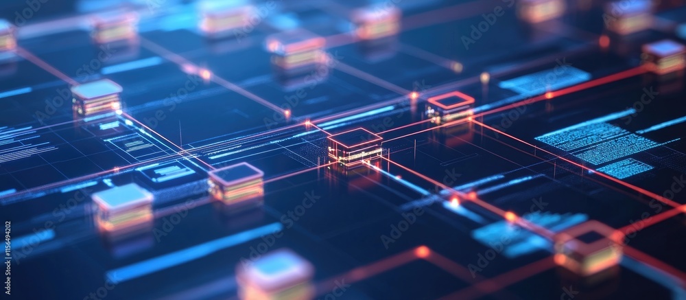 Poster abstract digital network illustration featuring interconnected nodes on a dark blue background with 