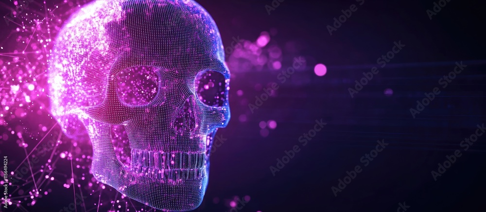 Poster glowing purple abstract digital human skull with data visualization for science and technology artic