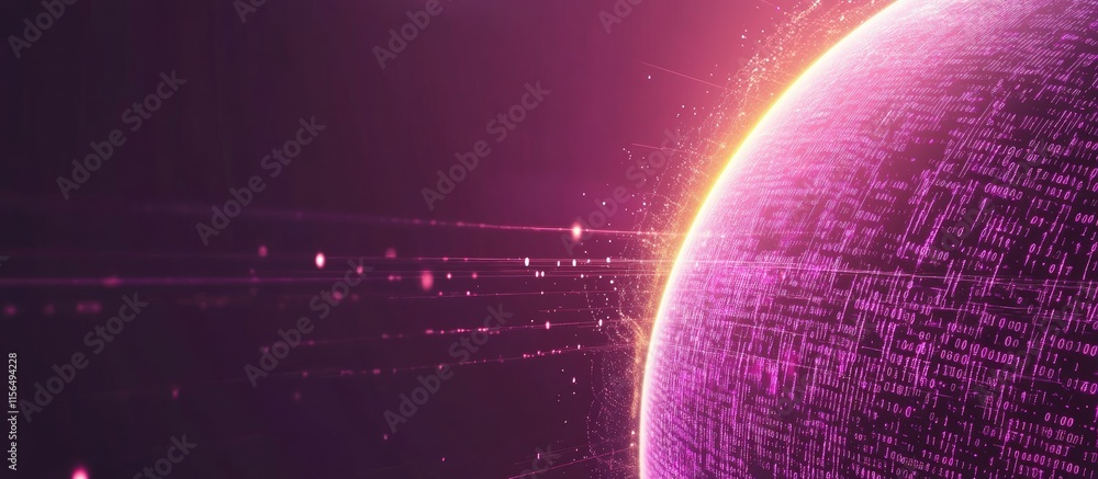 Poster digital abstract background featuring binary code and a glowing planet with copyspace for technology