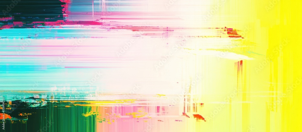 Poster vibrant abstract digital glitch background with colorful streaks and empty space for text overlay or