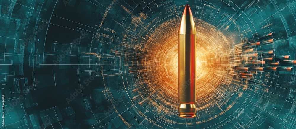Poster abstract futuristic design of a large ammunition icon with motion graphics and empty space for text 