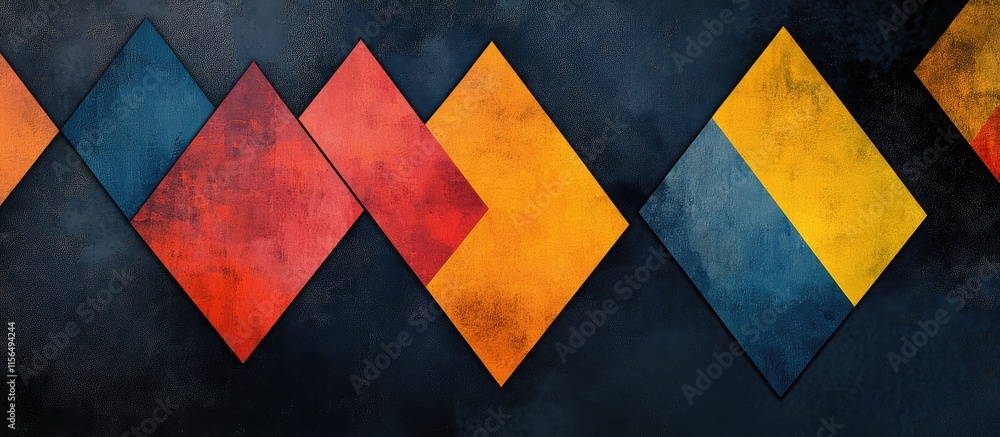 Poster abstract geometric mosaic artwork in vibrant colors on dark grey background with space for text and 