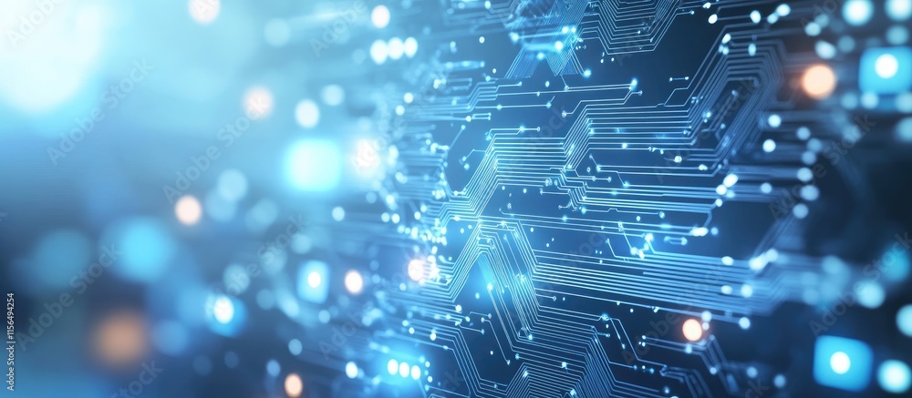 Poster Abstract digital technology background with circuit patterns and glowing icons in blue tones featuring space for text and design elements