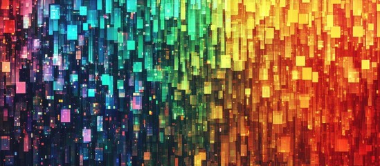 Vibrant abstract pixelated gradient background in rainbow colors suitable for film or TV with space for creative text integration