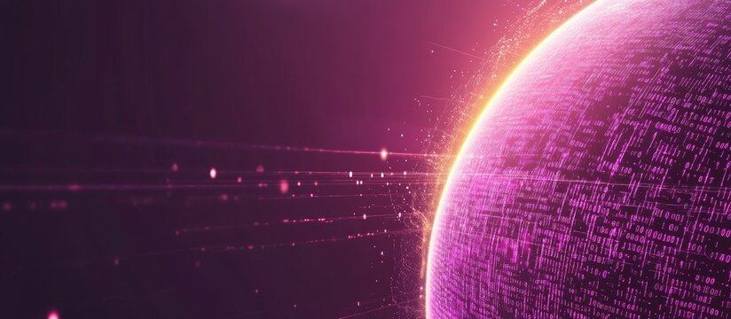 Digital abstract background featuring binary code and a glowing planet with copyspace for technology-related text or graphics.