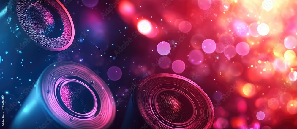 Poster vibrant abstract background featuring audio speakers and colorful bokeh effects with space for text 