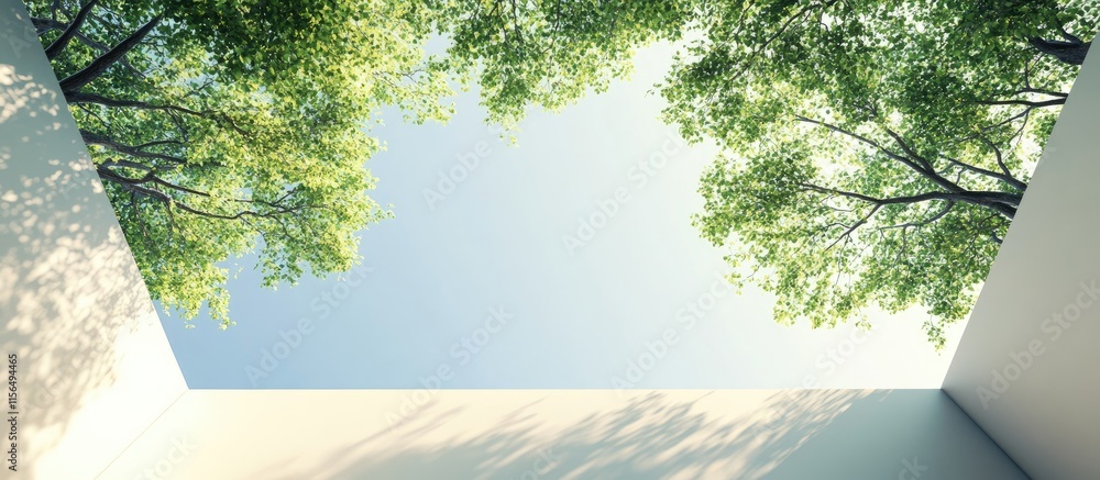Poster 3d rendered interior space with tree canopy and open sky bright light minimalist design empty copysp