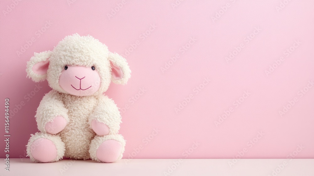 Poster Cuddly Plush Lamb Toy in Pink Background with Blank Space for Text and Design Elements