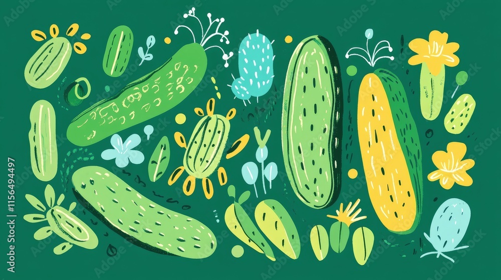 Poster creative cucumber illustrations with vibrant doodles and generous copy space for text or branding us