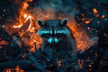 A raccoon is walking through a fire in the forest
