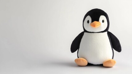 Cuddly penguin plush toy on white backdrop soft texture with blank space for text ideal for children's products or gifting promotions