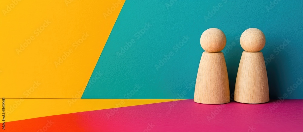 Poster Wooden figures representing friendship and communication on a colorful backdrop with space for text showcasing customer relationship management concepts