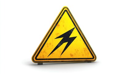 A realistic electrical hazard warning design with a vivid yellow triangle featuring a black lightning bolt, outlined sharply and placed on white