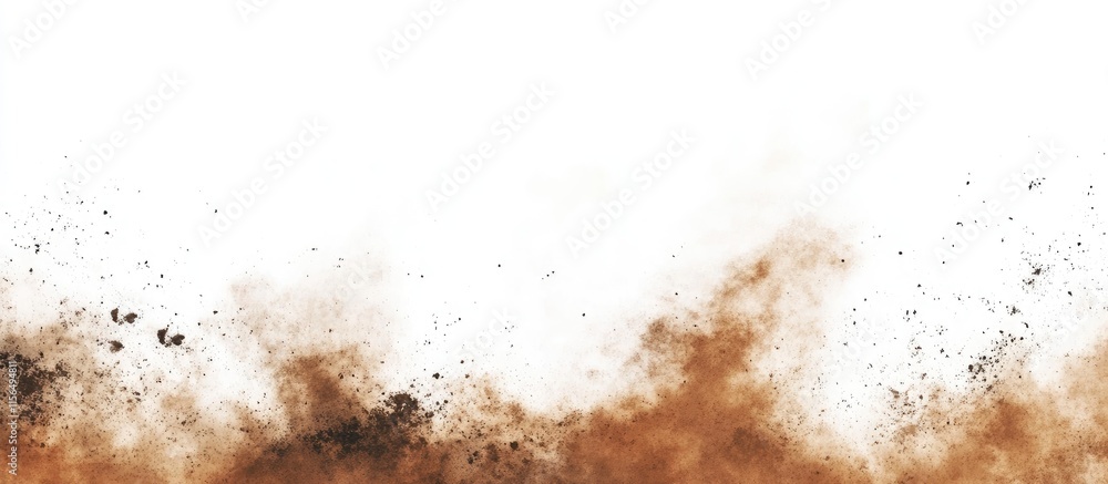 Poster dynamic brown dust explosion on a white background with ample space for text or branding elements in