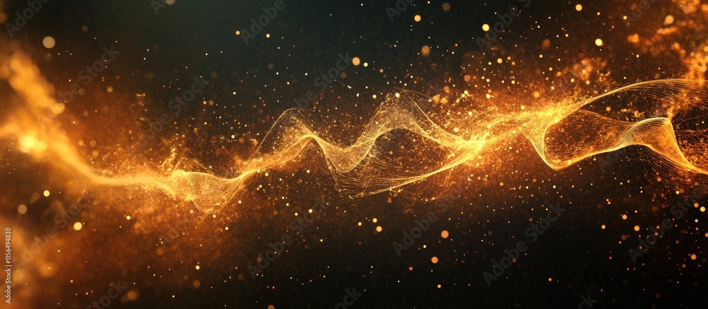 Poster dynamic abstract background with flowing golden lines and glowing particles creating a sense of moti